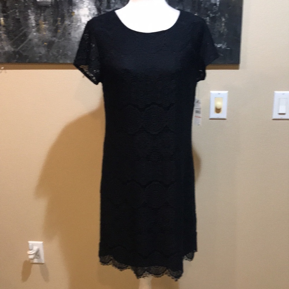 NWT Laundry by Shelli Segal Black Floral Lace Scalloped Hem A-Line Dress-Size 10